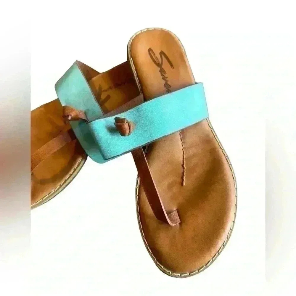 Seven leather sandals/thongs .‎ EUC. Brown & turquoise.